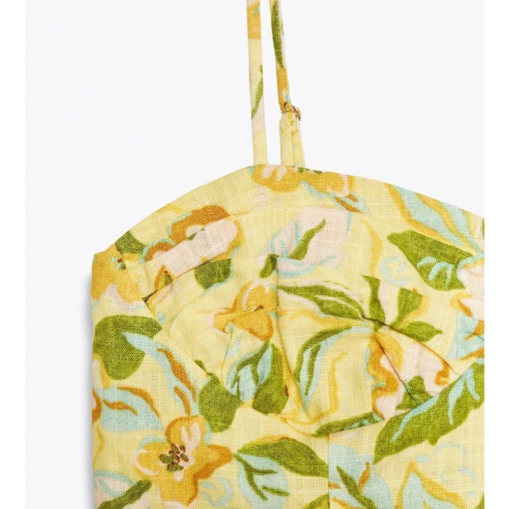 Zara Linen blend corset top with ruching Floral Yellow NWT XS - Picture 7 of 12